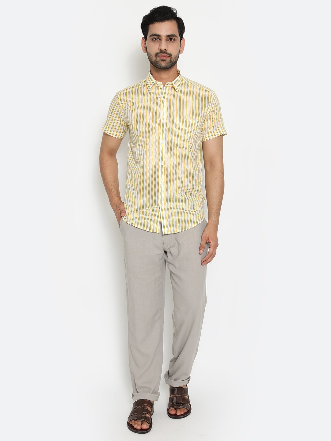 Light yellow Short Sleeve Cotton Hand Block Printed Men’s Shirt